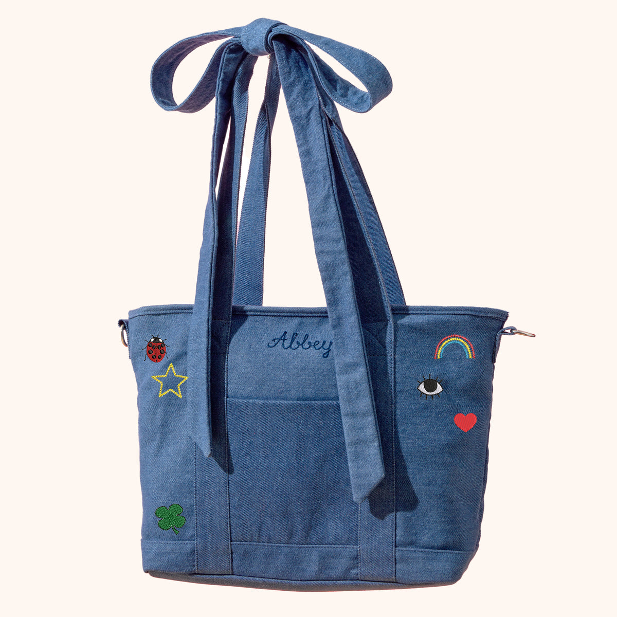 Personalized Denim Icon Tote Bag with Removable Bow