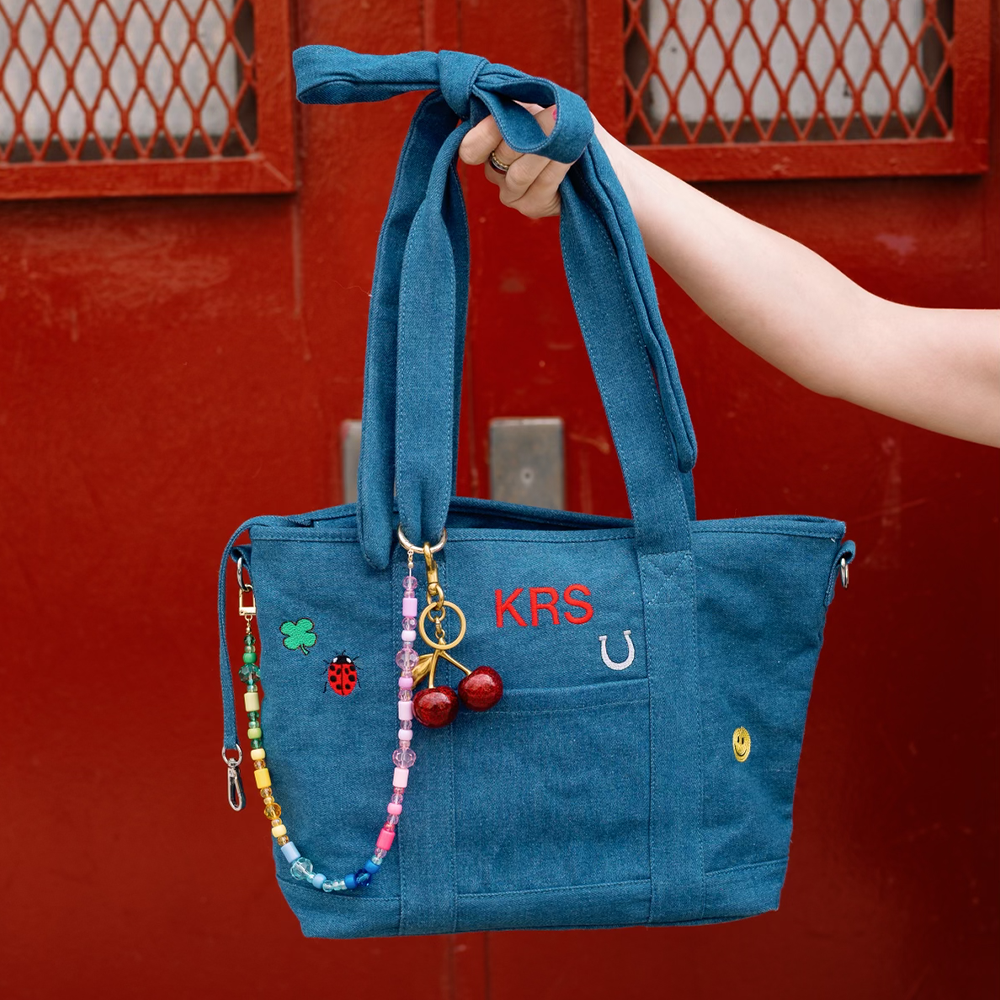 Personalized Denim Icon Tote Bag with Removable Bow
