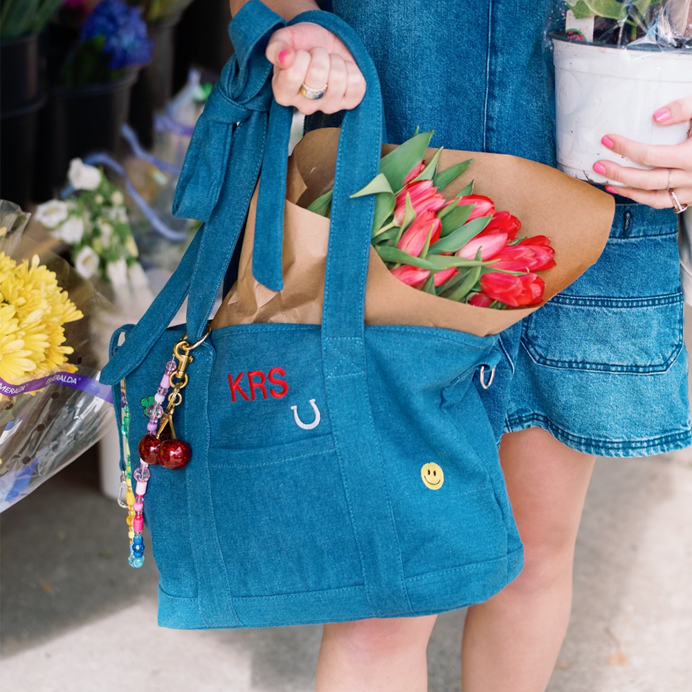 Personalized Denim Icon Tote Bag with Removable Bow